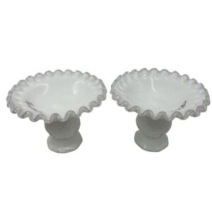 Vtg Fenton Violets in the Snow Silver Crest Candlesticks Pair HandPainted Signed